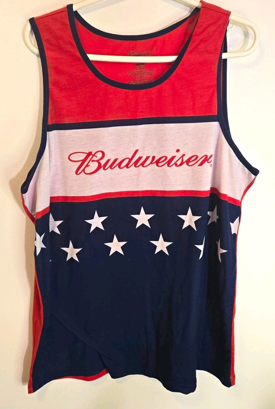 Budweiser Men’s XL Tank Top Red White Blue Stars Beer Logo Patriotic 46-48